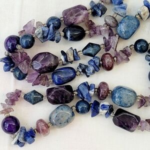 24" necklace handcrafted from semi-precious stones beads purple amethyst & blue